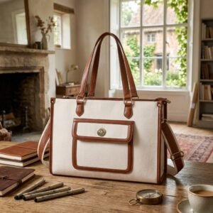 Beige Tan Laptop Tote Canvas Bag 1
