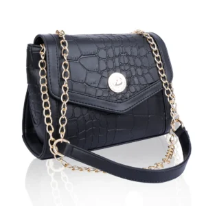 Black Faux Leather Crocodile Texture Sling Bag