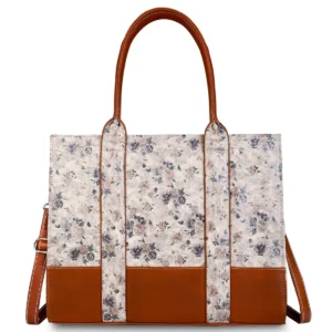 Tan Floral Print Laptop Tote Bag