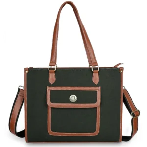 Green Tan Laptop Tote Canvas Bag