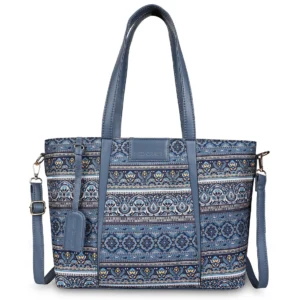 Blue Boho Floral Print Tote Handbag for Women